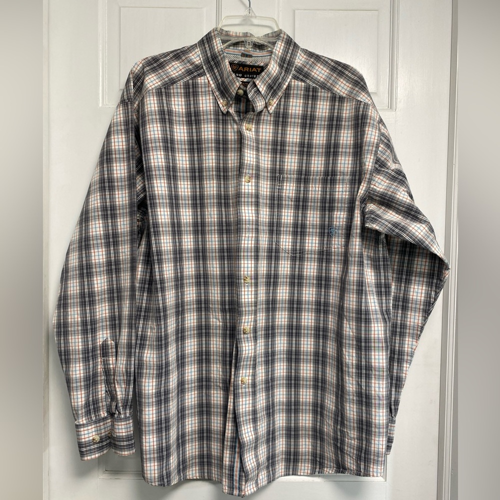 Ariat shirt men's long sleeve button down XL Pro Series Plaid Gray Orange Blue